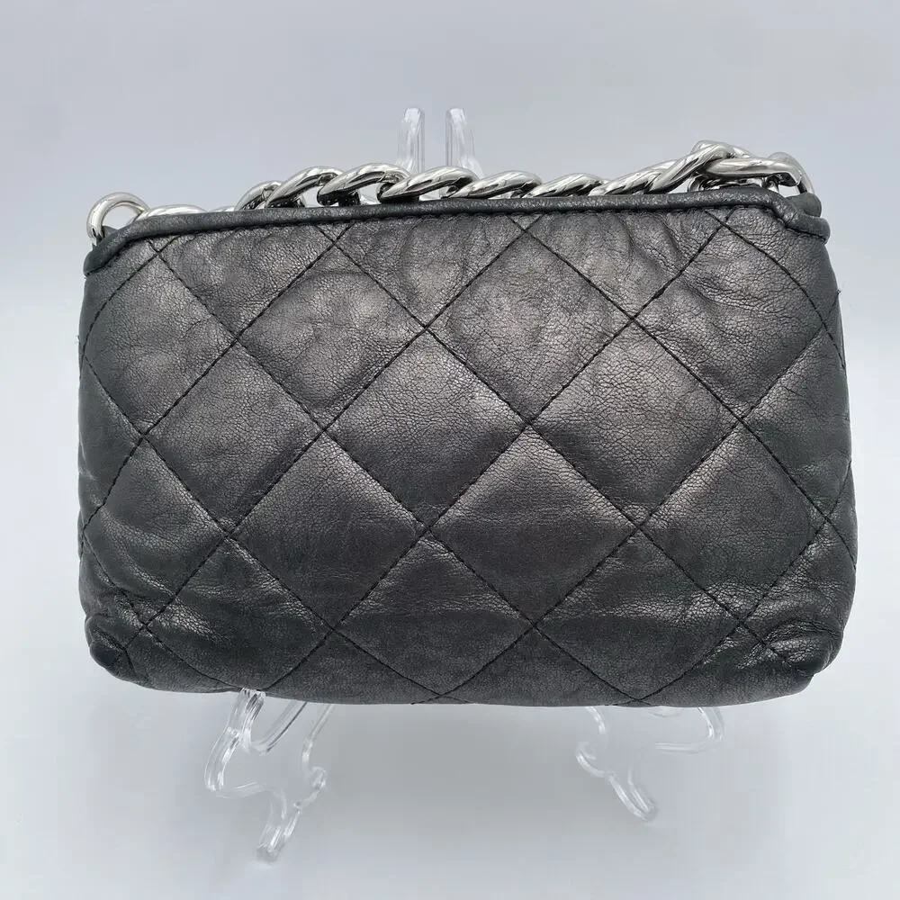 Michael Kors Mini-Quilted Purse Dark Metallic Gray Silver Hardware Chain